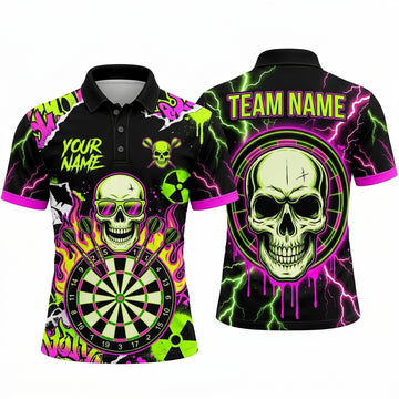 Maxcorners Darts Polo Shirt Radioactive Symbol Skull Sunglasses Lightning Bolts Toxic Slatter Target Board Multi Options Personalized Name, Team Name Unisex 3D Shirt (5 Colors)