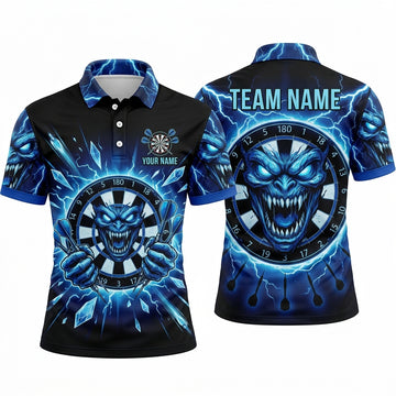 Maxcorners Darts Polo Shirt Evil Demon Monster Claws Screaming Face Lightning Aura Target Board Multi Options Personalized Name, Team Name Unisex 3D Shirt (4 Colors)