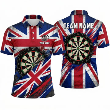 Maxcorners Darts Polo Shirt Union Jack Flag British UK Theme Paint Splatter Target Board Multi Options Personalized Name, Team Name Unisex 3D Shirt