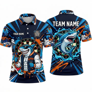 Maxcorners Darts Polo Shirt Cool Shark Mascot Letterman Jacket Sunglasses Ocean Waves Target Board Multi Options Personalized Name, Team Name Unisex 3D Shirt