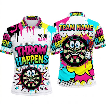 Maxcorners Darts Polo Shirt Throw Happens Text Comic Pop Art Smiling Face Target Board Multi Options Personalized Name, Team Name Unisex 3D Shirt