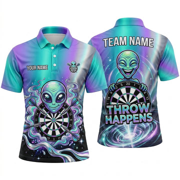 Maxcorners Darts Polo Shirt Space Alien Extraterrestrial Character Galaxy Smoke Vortex Throw Happens Target Board Multi Options Personalized Name, Team Name Unisex 3D Shirt