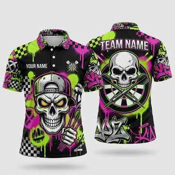 Maxcorners Darts Polo Shirt Cool Skull Cap CrossDarts Dripping Paint Urban Graffiti Checkered Target Board Multi Options Personalized Name, Team Name Unisex 3D Shirt