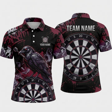Maxcorners Darts Polo Shirt Mysterious Black Raven Crow Bird Red Eyes Smoke Splatter Target Board Multi Options Personalized Name, Team Name Unisex 3D Shirt