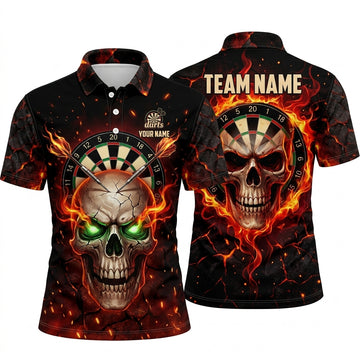 Maxcorners Darts Polo Shirt Fiery Skull Glowing Eyes Wall Crack Flames Target Board Multi Options Personalized Name, Team Name Unisex 3D Shirt (5 Colors)