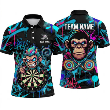 Maxcorners Darts Polo Shirt Funny Monkey Chimp Mascot Street Art Graffiti Paint Splatter Target Board Multi Options Personalized Name, Team Name Unisex 3D Shirt (5 Colors)