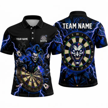 Maxcorners Darts Polo Shirt Evil Joker Clown Mascot Playing Cards Electric Lightning Target Board Multi Options Personalized Name, Team Name Unisex 3D Shirt (5 Colors)