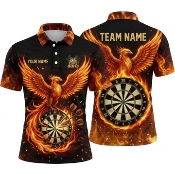 Maxcorners Darts Polo Shirt Flying Phoenix Bird Wings Spread Flaming Aura Glowing Target Board Multi Options Personalized Name, Team Name Unisex 3D Shirt (5 Colors)