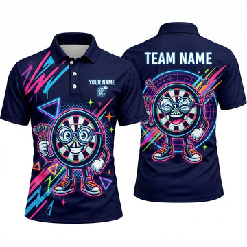 Maxcorners Darts Polo Shirt Cartoon Target Character Eyeglasses Sneakers Retro Neon Splatter Multi Options Personalized Name, Team Name Unisex 3D Shirt (5 Colors)