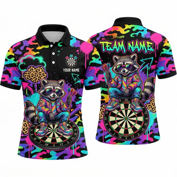 Maxcorners Darts Polo Shirt Cool Raccoon Mascot Sunglasses Hoodie Camo Camouflage Paint Splatter Target Board Multi Options Personalized Name, Team Name Unisex 3D Shirt