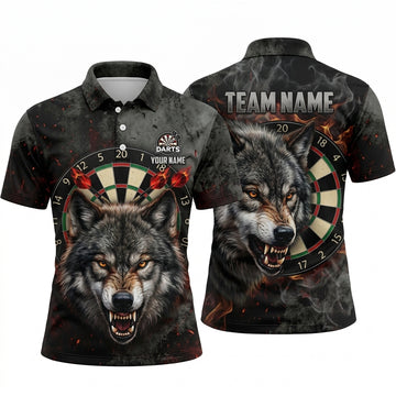 Maxcorners Darts Polo Shirt Aggressive Wolf Head Roaring Wild Animal Fire Flames Smoke Target Board Multi Options Personalized Name, Team Name Unisex 3D Shirt