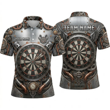 Maxcorners Darts Polo Shirt Steampunk Mechanical Metal Armor Pistons Wings Gears Clockwork Target Board Multi Options Personalized Name, Team Name Unisex 3D Shirt