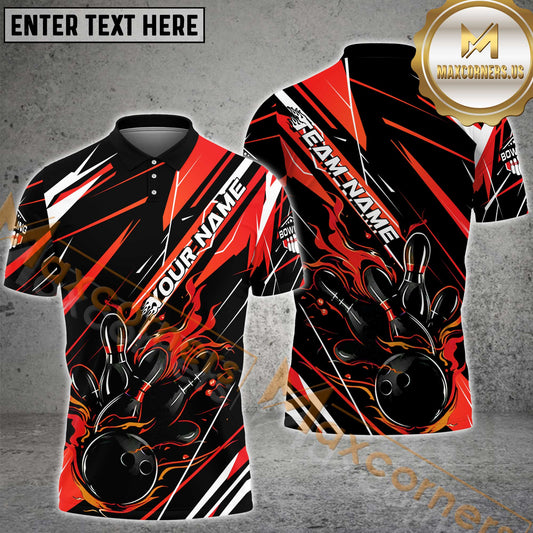 Maxcorners Bowling & Pins Flame Pattern  Multicolor Option Customized Name, Team Name 3D Polo Shirt (4 Colors)