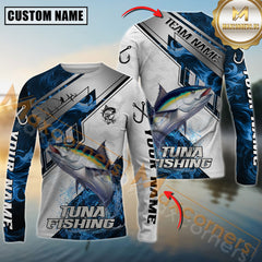 Maxcorners Tuna Fishing Blue Flame With Silver Line Hook Design Pattern Sport Jersey Personalized Name, Team Name Long Sleeve Shirt