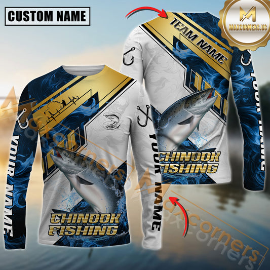 Maxcorners Chinook Fishing Blue Flame With Golden Line Hook Design Pattern Sport Jersey Personalized Name, Team Name Long Sleeve Shirt