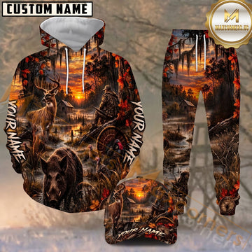 Maxcorners Swamp Hunter Wildlife Deer Turkey Wild Boar Sunset Personalized Name Unisex 3D Shirt
