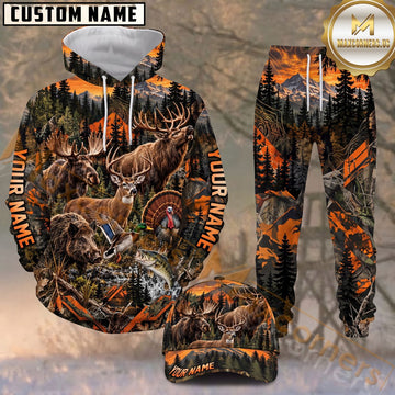 Maxcorners Wildlife Animals Sunset Mountain Forest Orange Camouflage Accents Personalized Name Unisex 3D Shirt