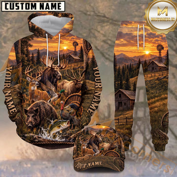 Maxcorners Wildlife Animals Farm Cabin Scenic Mountain Sunset Personalized Name Unisex 3D Shirt