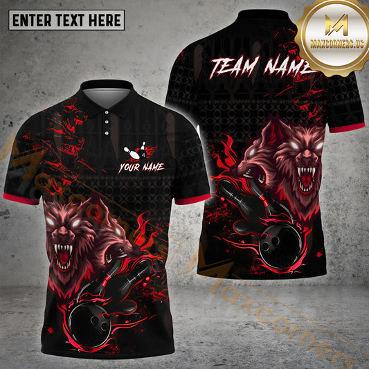Maxcorners Bowling & Pins Wolf Flame Bowling Ball Pattern Multicolor Option Customized Name, Team Name 3D Polo Shirt (4 Colors)