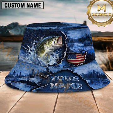 Maxcorners Fishing USA Flag Lake Camo Personalized 3D Bucket Hat (12 Fish Species)