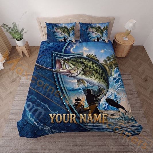 Maxcorners Fishing Blue Ocean Adventure Personalized Name Unisex 3D Bedding Set