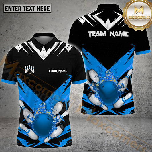Maxcorners Bowling & Pins Fire Bowling Ball Pattern  Multicolor Option Customized Name, Team Name 3D Polo Shirt (4 Colors)
