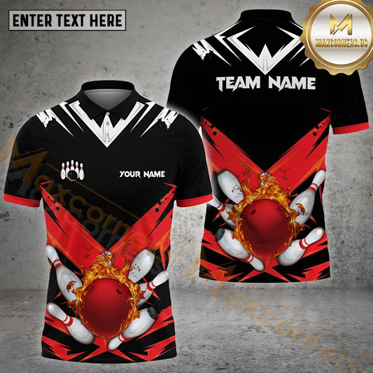 Maxcorners Bowling & Pins Fire Bowling Ball Pattern  Multicolor Option Customized Name, Team Name 3D Polo Shirt (4 Colors)