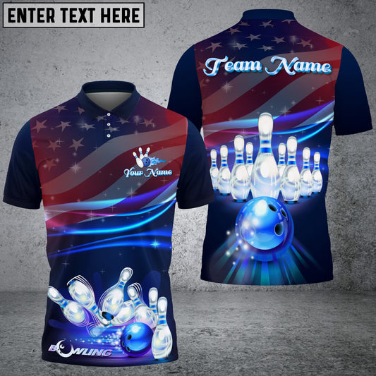 Maxcorners USA Flag Light Blue Bowling Jersey Personalized Name, Team Name 3D Shirt