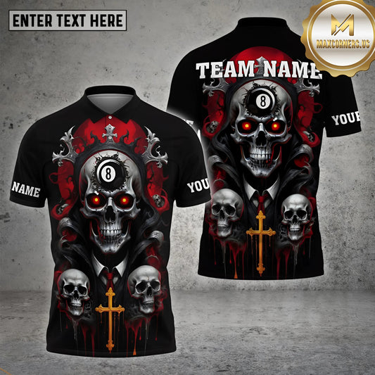Maxcorners Billiard Crack Ball 8 Skull Multicolor Options Personalized Name, Team Name 3D Polo Shirt (4 Colors)