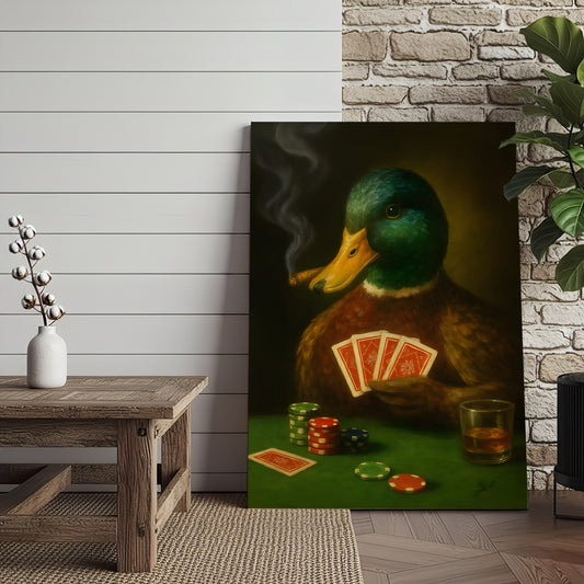 Maxcorners Funny Mallard Duck Canvas Wall Art, Rustic Poker Animal Portrait Playing Cards, Vintage Anthropomorphic Print for Man Cave Decor