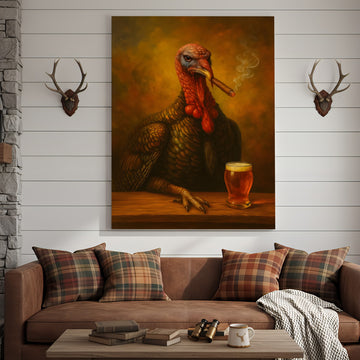 Maxcorners Funny Turkey Drinking Cocktail Glasses and Smoking Canvas – Rustic Farmhouse Wall Art