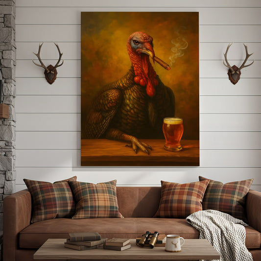 Maxcorners Funny Turkey Drinking Cocktail Glasses and Smoking Canvas – Rustic Farmhouse Wall Art