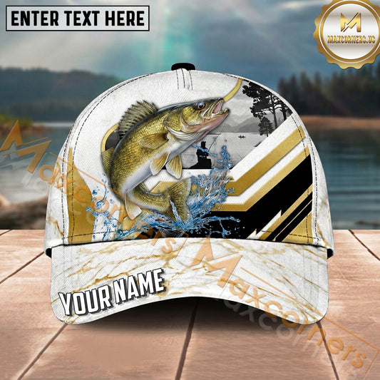 Maxcorners Fishing White Gold Geometric Splash Personalized Name 3D Cap (12 Fish Species)