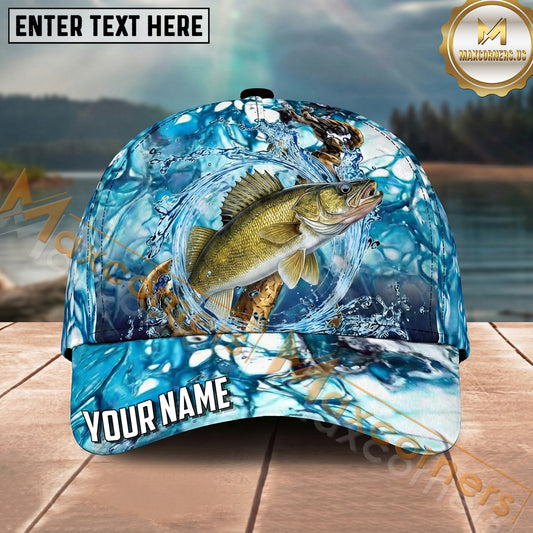 Maxcorners Fishing Aqua Water Swirl Splash Personalized Name 3D Cap (12 Fish Species)