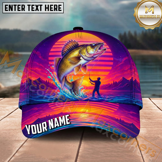 Maxcorners Fishing Neon Retro Sunset Angler Personalized Name 3D Cap (12 Fish Species)