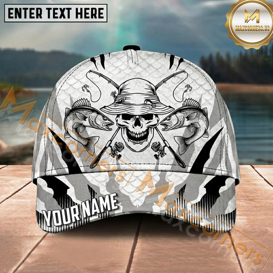 Maxcorners Fishing Skull Rod Line Art Monochrome Personalized Name 3D Cap (12 Fish Species)