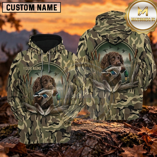 Maxcorners Woodland Camouflage Duck Hunting Dog Personalized Name 3D Hoodie (8 Hunting Dog Options)