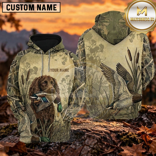 Maxcorners Vintage Waterfowl Illustration Duck Hunting Personalized Name 3D Hoodie (8 Hunting Dog Options)