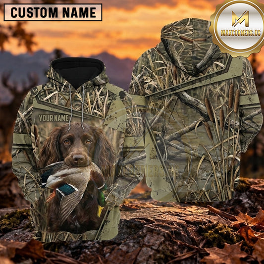 Maxcorners Tactical Reed Camouflage Duck Hunting Personalized Name 3D Hoodie (8 Hunting Dog Options)