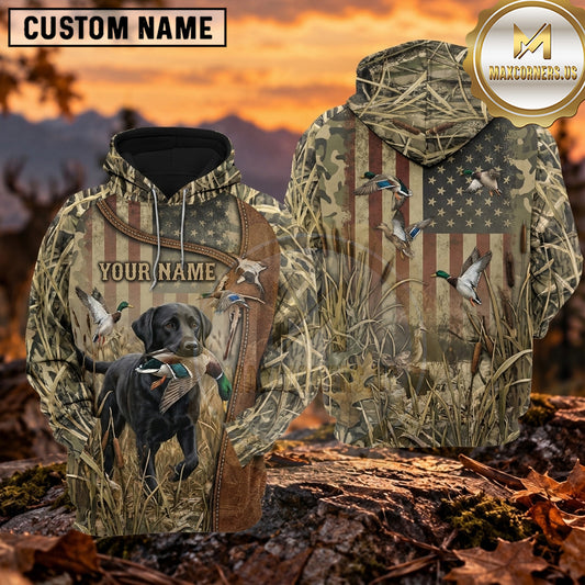Maxcorners Vintage American Flag Camouflage Duck Hunting Personalized Name 3D Hoodie (8 Hunting Dog Options)