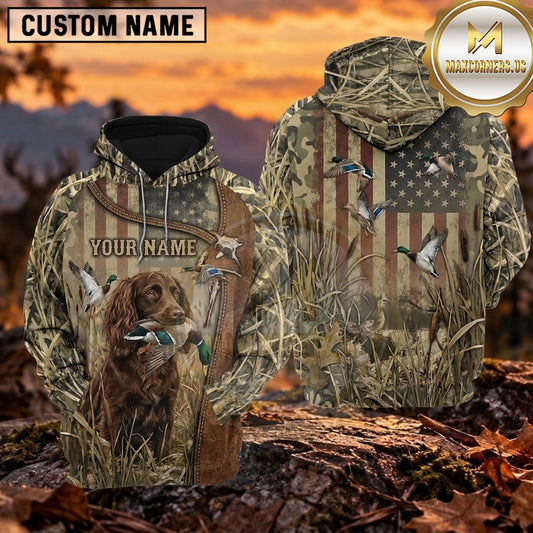 Maxcorners Vintage American Flag Camouflage Duck Hunting Personalized Name 3D Hoodie (8 Hunting Dog Options)
