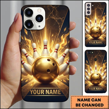 Maxcorners Bowling Phone Case Metallic Ball Pins Fiery Flames Explosion Marble Texture Rays Personalized Name Multi Options Cover