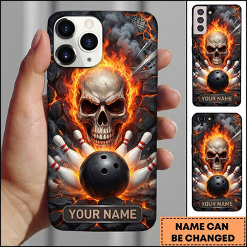 Maxcorners Bowling Phone Case Fiery Flaming Skull Fire Burning Wall Ball Pins Smoke Cloud Personalized Name Multi Options Cover