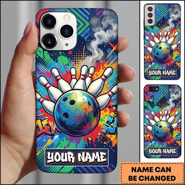 Maxcorners Bowling Phone Case Comic Graffiti Splatter Smoke Clouds Abstract Geometric Chevron Ball Pins Personalized Name Multi Options Cover
