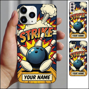 Maxcorners Bowling Phone Case Pop Art Comic Explosion Cloud Strike Lettering Halftone Pattern Ball Pins Personalized Name Multi Options Cover