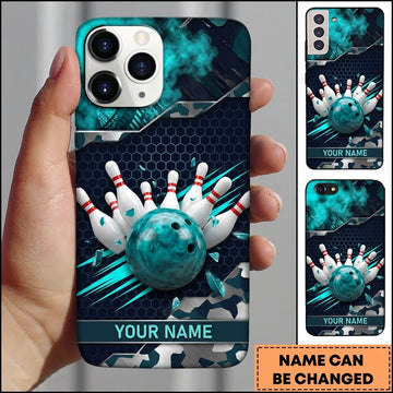 Maxcorners Bowling Phone Case Camouflage Camo Pattern Hexagon Mesh Carbon Surface Ball Pins Smoke Splinters Personalized Name Multi Options Cover