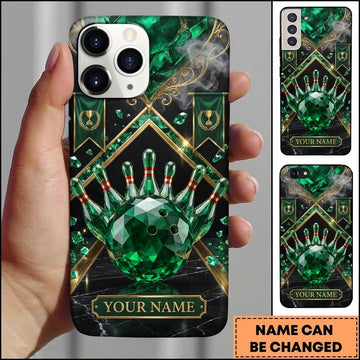 Maxcorners Bowling Phone Case Crystal Faceted Gemstone Ball Pins Trophy Banner Filigree Frame Marble Texture Personalized Name Multi Options Cover