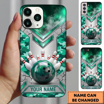 Maxcorners Bowling Phone Case Camouflage Camo Pattern Ball Pins Chevron Grid Metal Plate Concrete Wall Personalized Name Multi Options Cover (7 Colors)