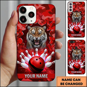 Maxcorners Bowling Phone Case Roaring Tiger Wild Animal Camo Camouflage Pattern Ball Pins Shattered Wall Personalized Name Multi Options Cover (7 Colors)