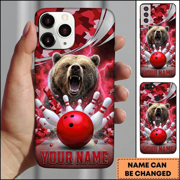 Maxcorners Bowling Phone Case Fierce Bear Fangs Electric Lightning Strikes Camo Camouflage Ball Pins Personalized Name Multi Options Cover (7 Colors)